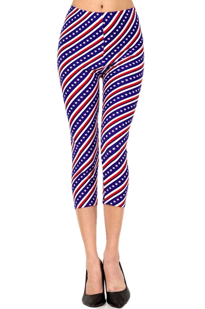 American Flag Printed Plus Size Diagonal Crop Leggings