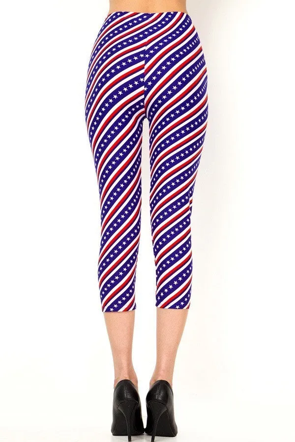 American Flag Printed Plus Size Diagonal Crop Leggings