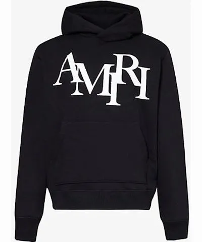 Amiri Mens Black Staggered Kangaroo-Pocket Relaxed-Fit Cotton-Jersey Hoody