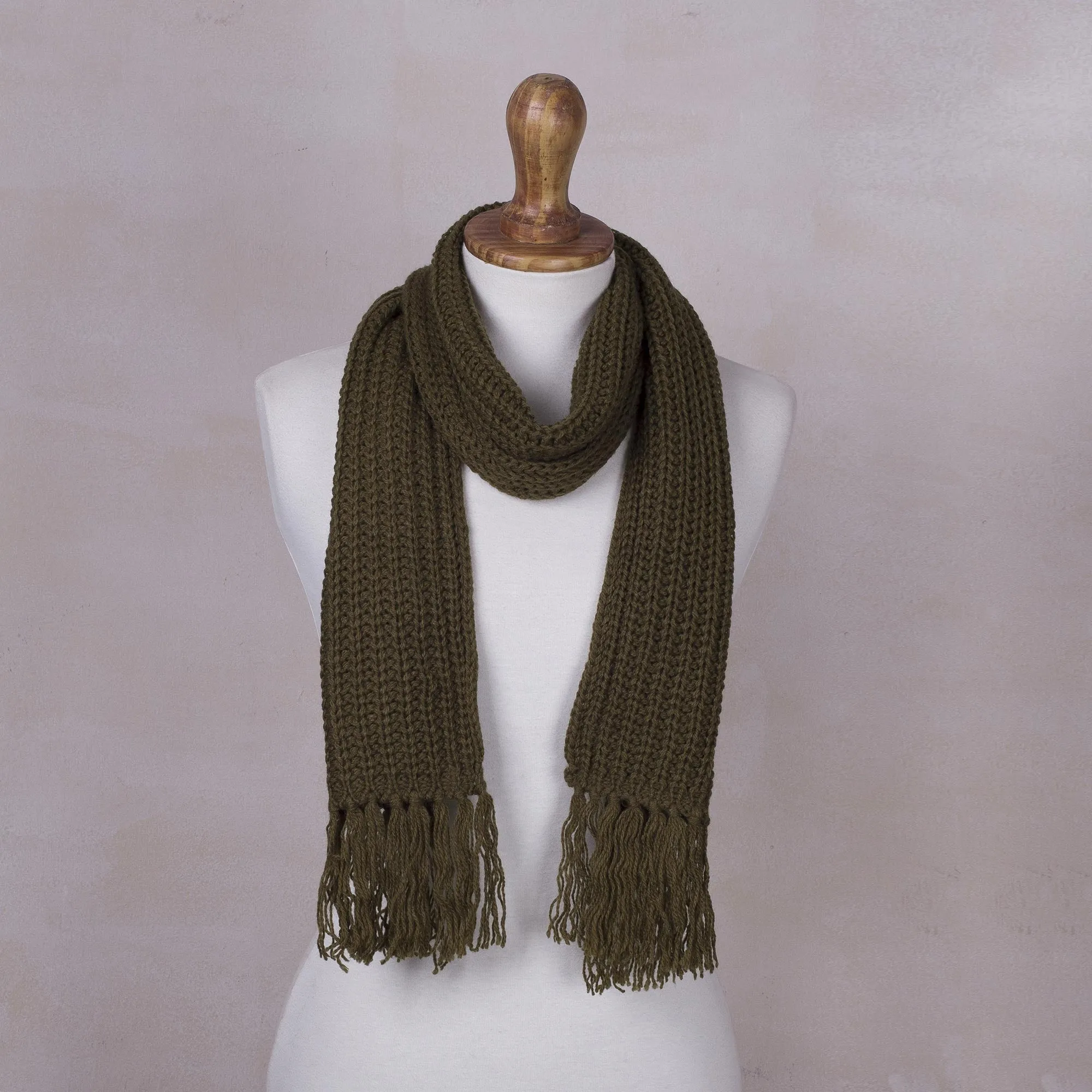 Andean Textures Unisex Rib Knit Acrylic Scarf in Olive Green - Peruvian Handmade.