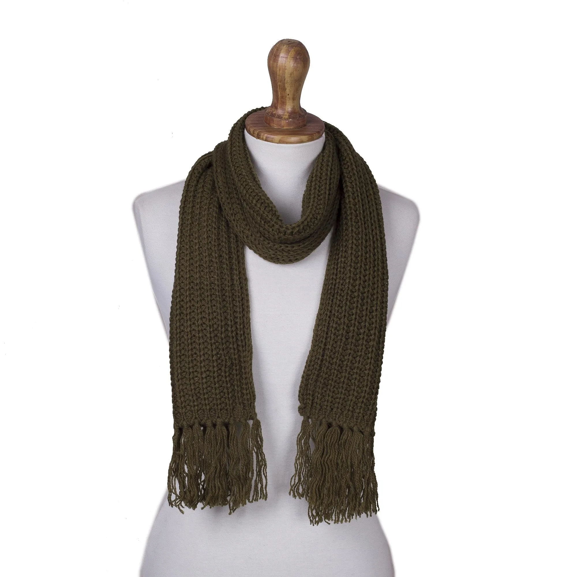 Andean Textures Unisex Rib Knit Acrylic Scarf in Olive Green - Peruvian Handmade.