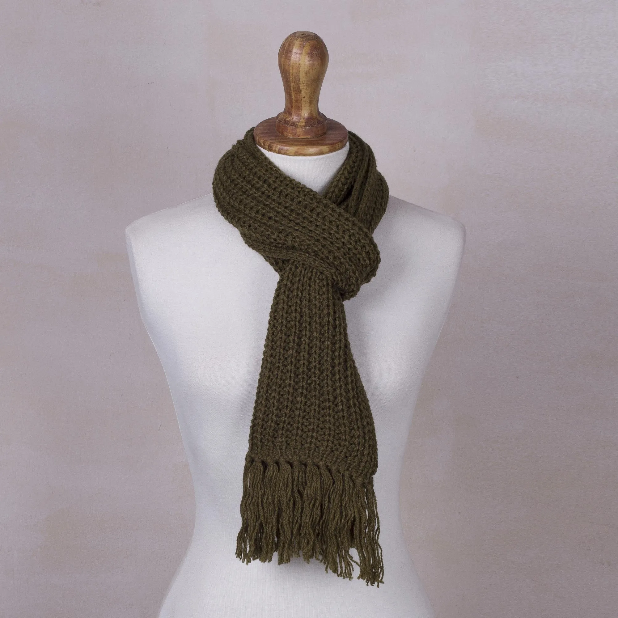 Andean Textures Unisex Rib Knit Acrylic Scarf in Olive Green - Peruvian Handmade.