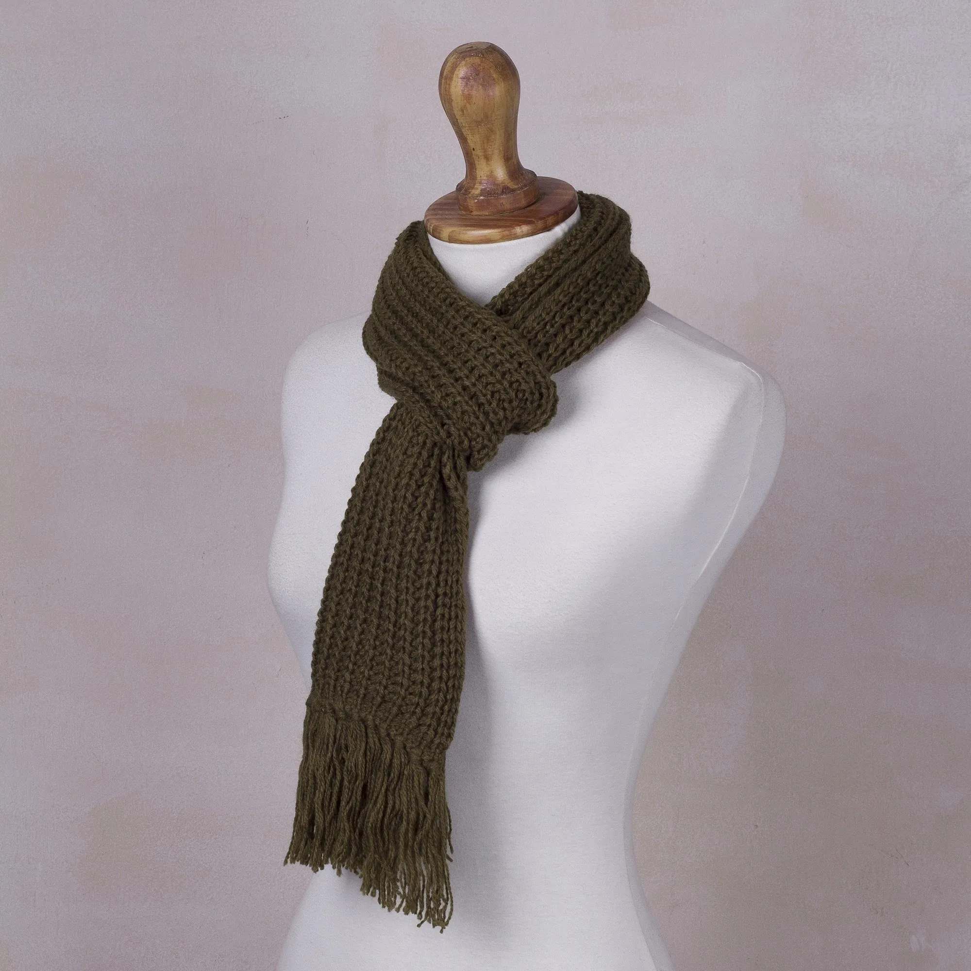 Andean Textures Unisex Rib Knit Acrylic Scarf in Olive Green - Peruvian Handmade.