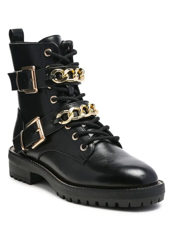 Billy Chain Detail Biker Boot - Black and Brown