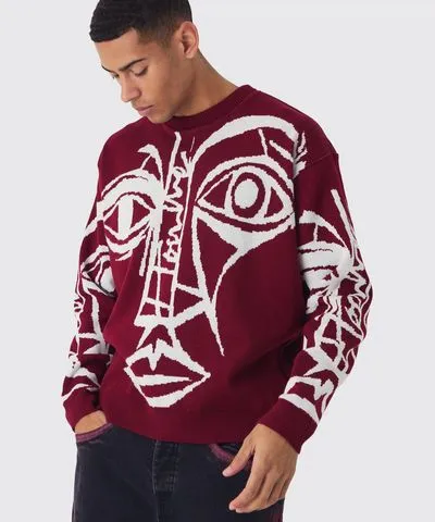 Boohoo Men's Oversized Boxy Abstract Line Face Knitted Sweater