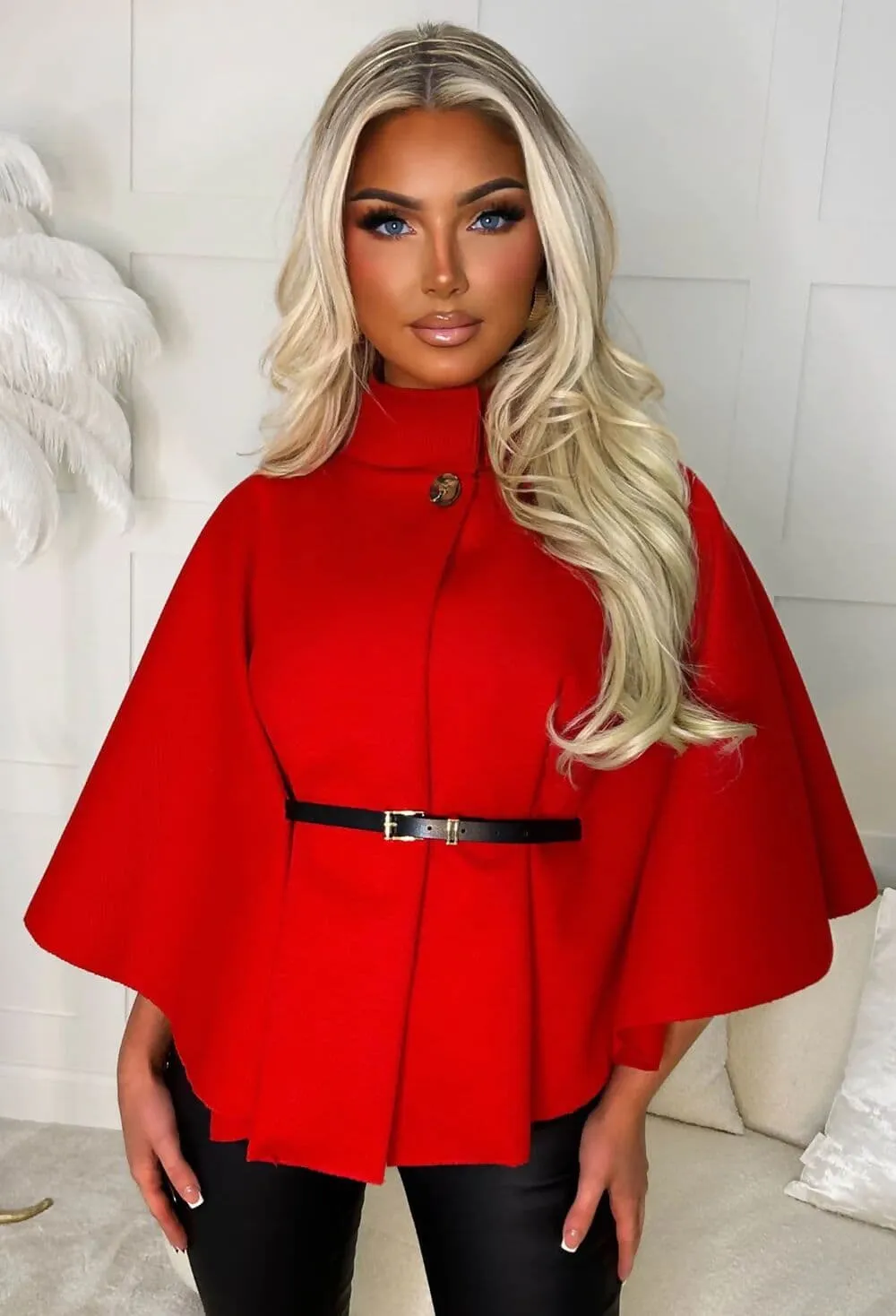 Belted Chic Red Cape Jacket