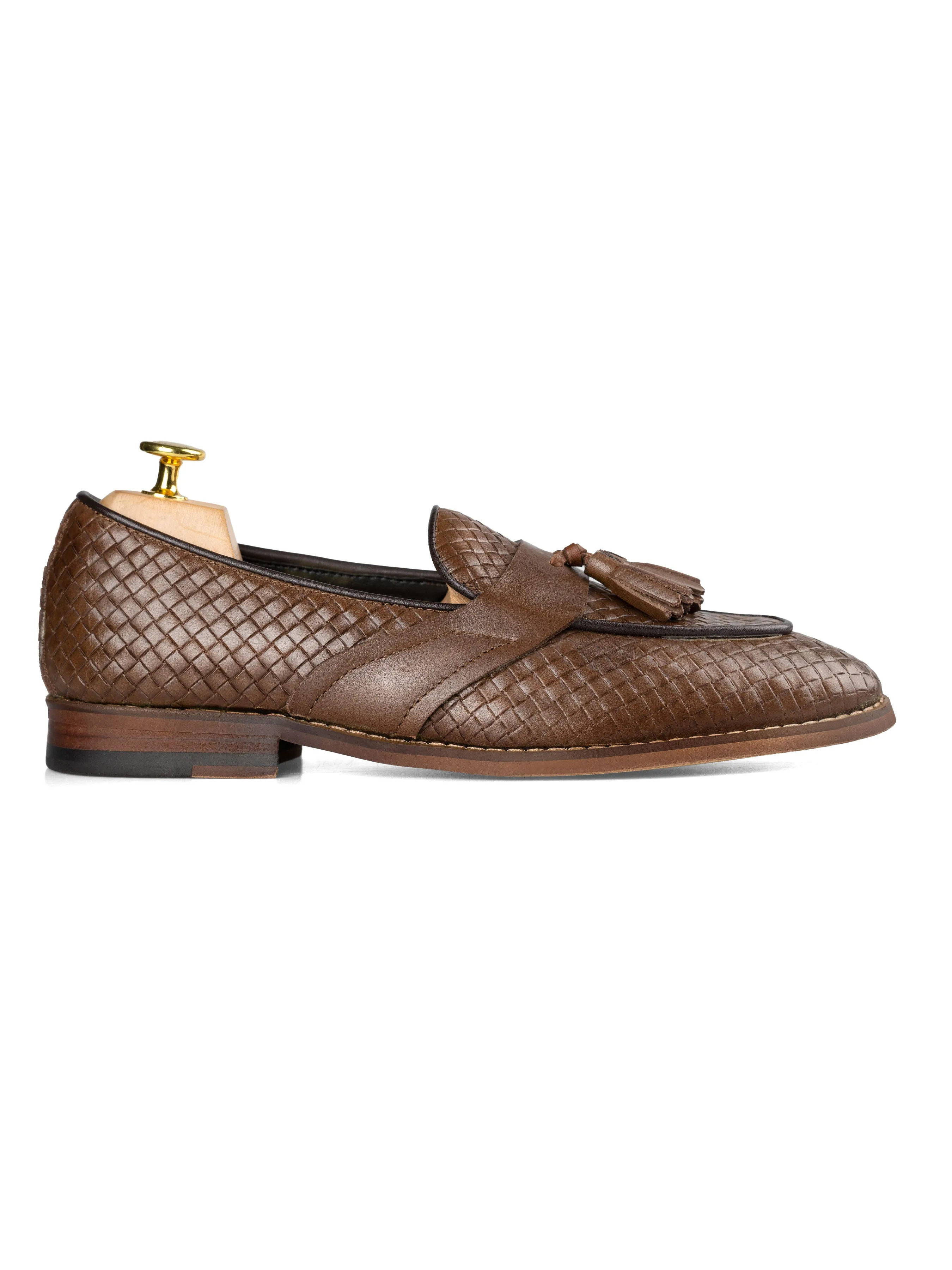 Coffee Woven Leather Tassel Loafers with Solid Strap - Belgian Style