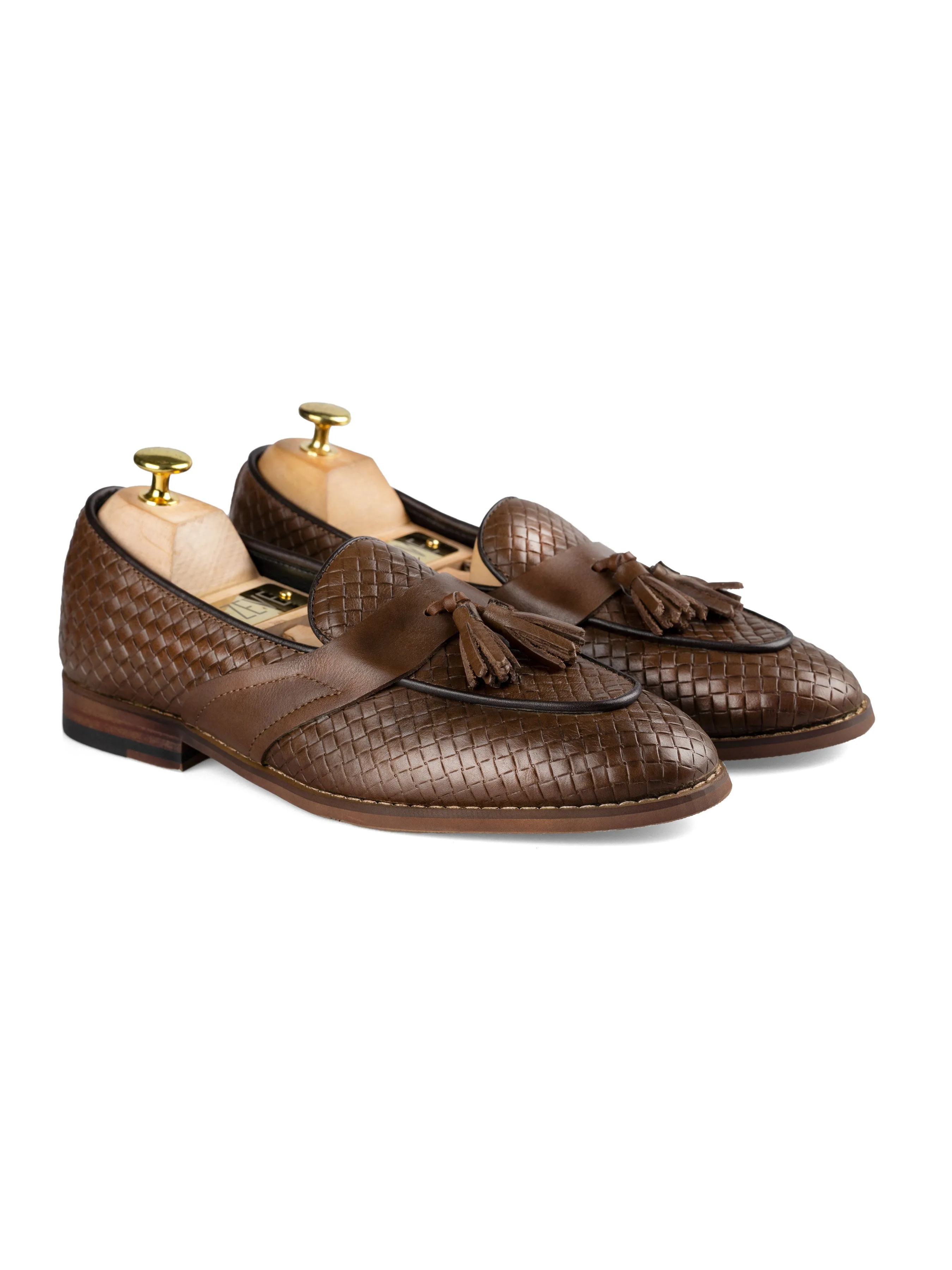 Coffee Woven Leather Tassel Loafers with Solid Strap - Belgian Style