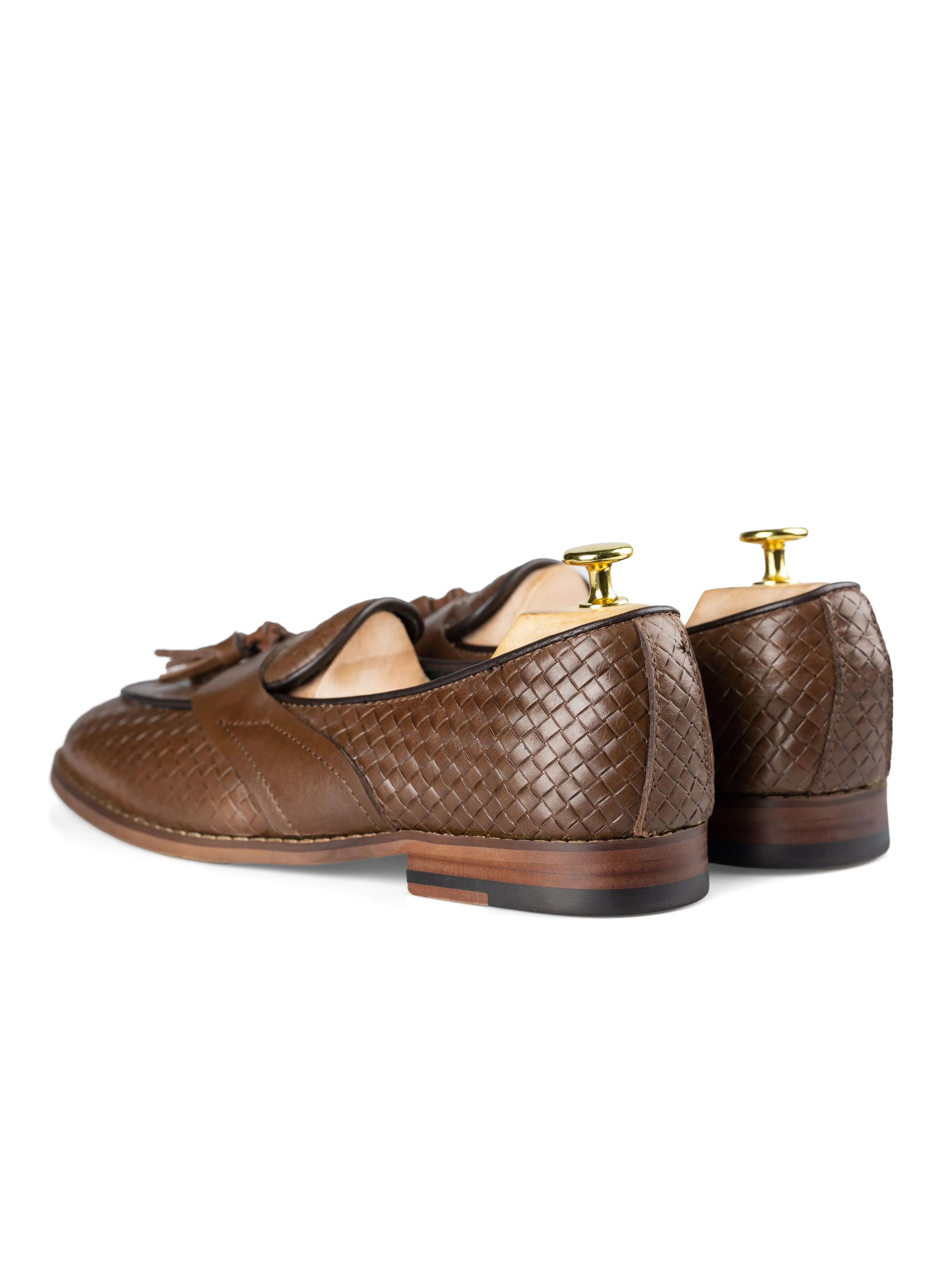 Coffee Woven Leather Tassel Loafers with Solid Strap - Belgian Style