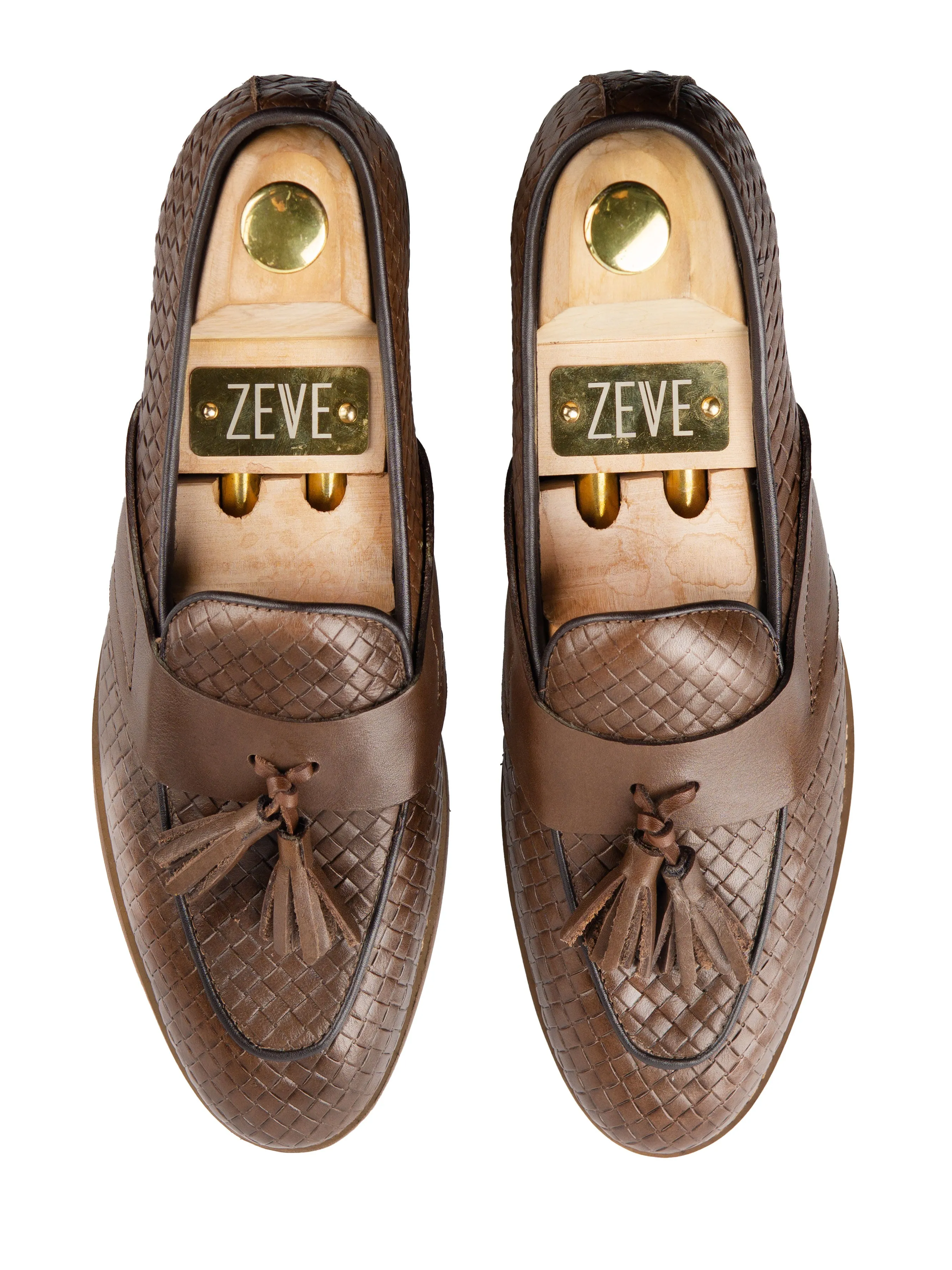 Coffee Woven Leather Tassel Loafers with Solid Strap - Belgian Style