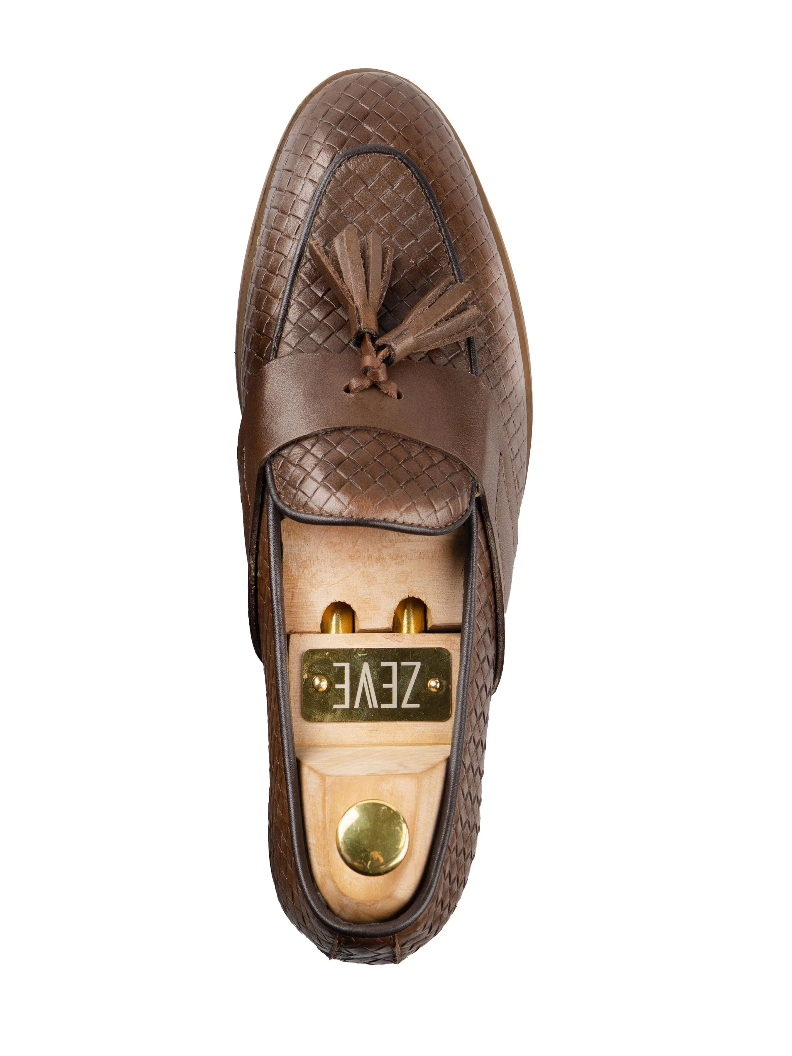 Coffee Woven Leather Tassel Loafers with Solid Strap - Belgian Style