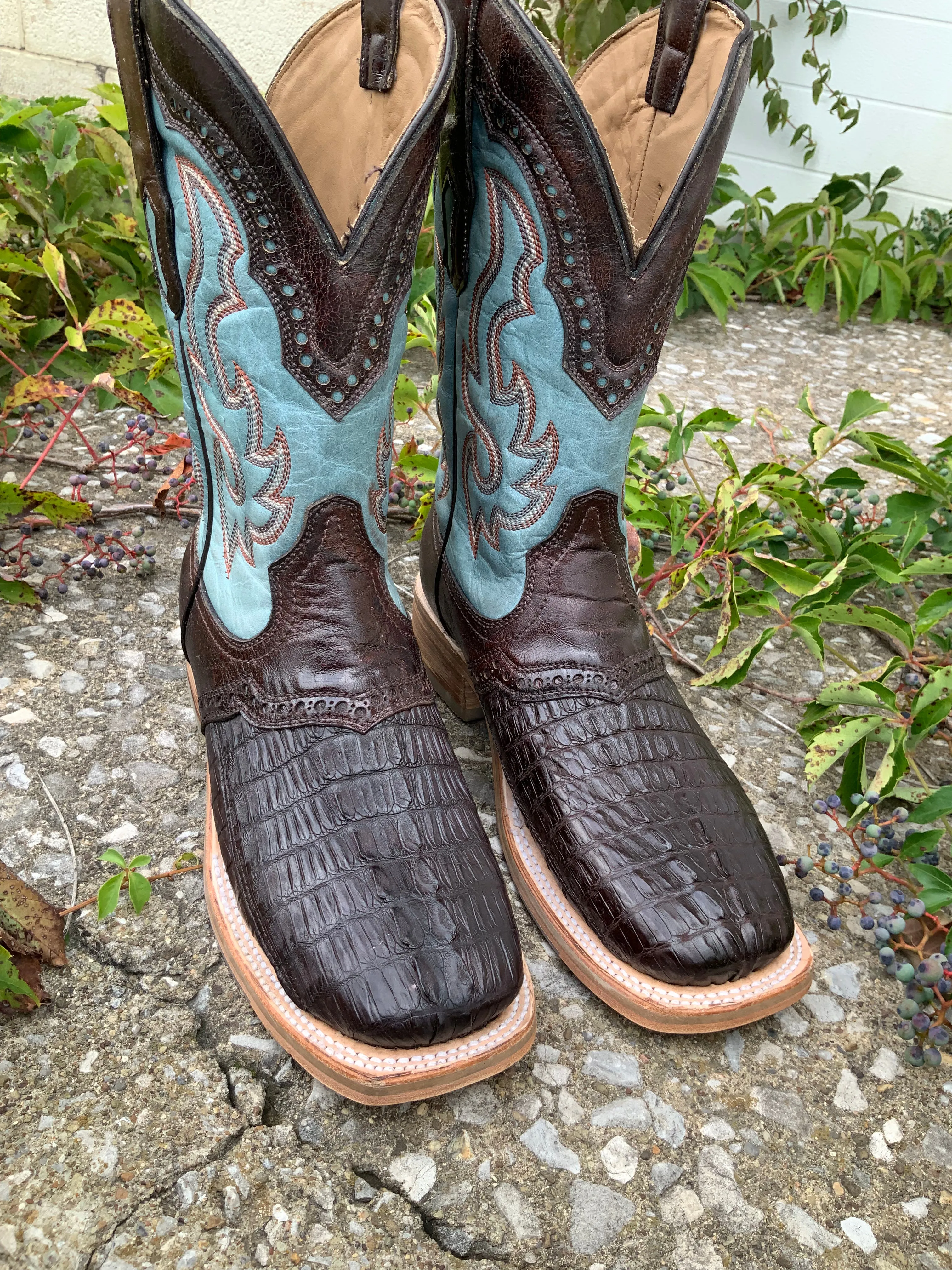 Corral Men's Brown Caiman Overlay Wide Square Toe Cowboy Boots A4286 - Corral Men's Brown Caiman Leather Wide Square Toe Western