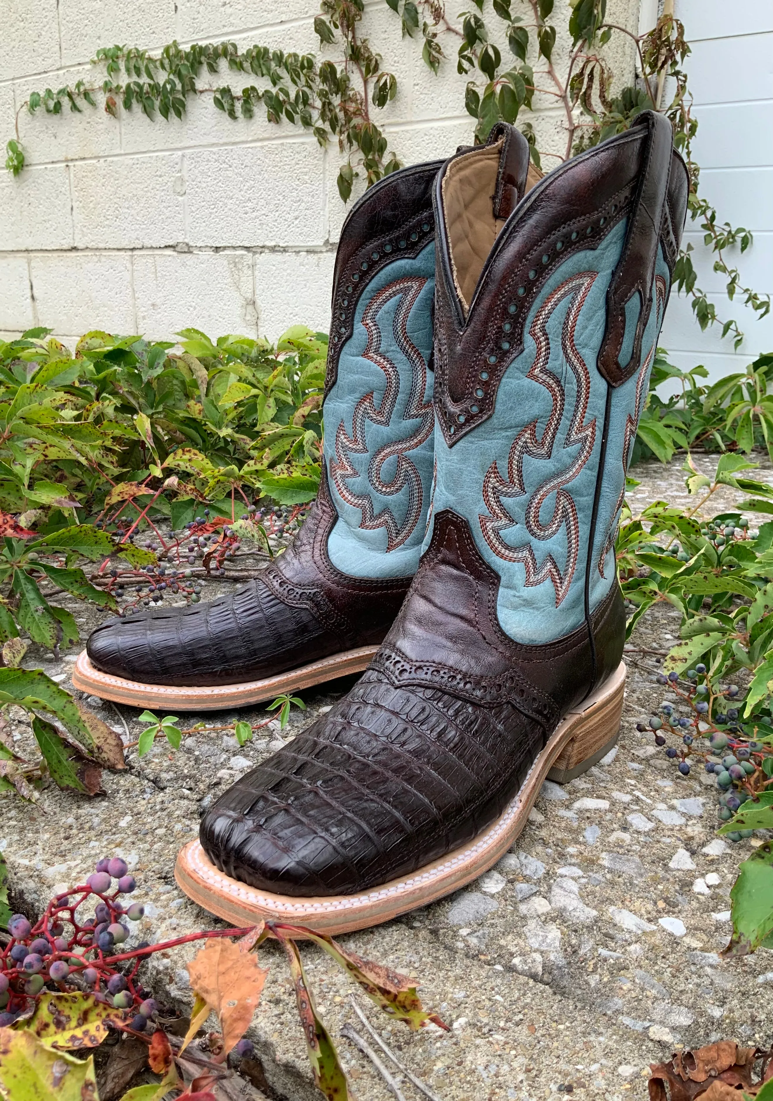 Corral Men's Brown Caiman Overlay Wide Square Toe Cowboy Boots A4286 - Corral Men's Brown Caiman Leather Wide Square Toe Western