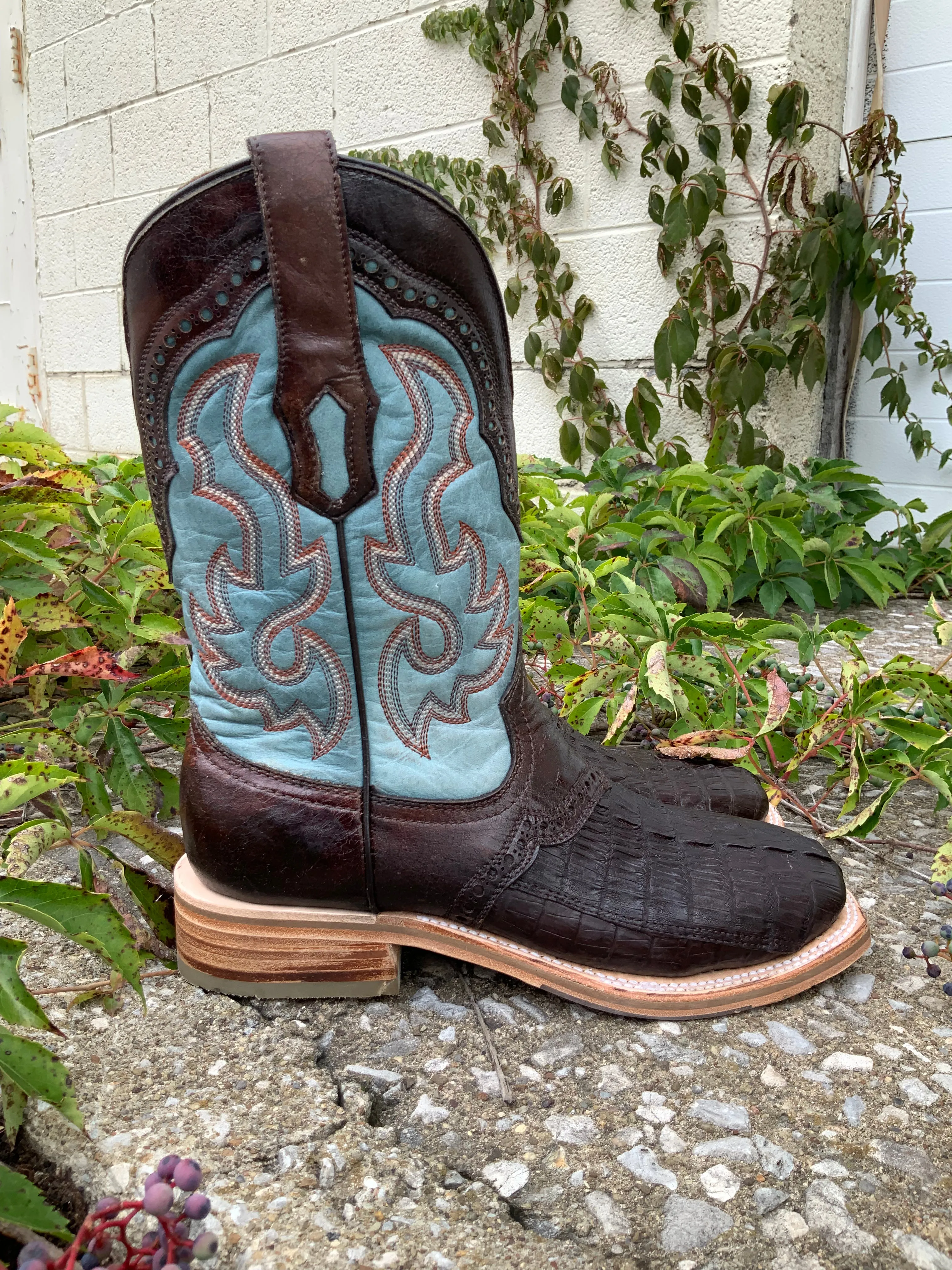 Corral Men's Brown Caiman Overlay Wide Square Toe Cowboy Boots A4286 - Corral Men's Brown Caiman Leather Wide Square Toe Western