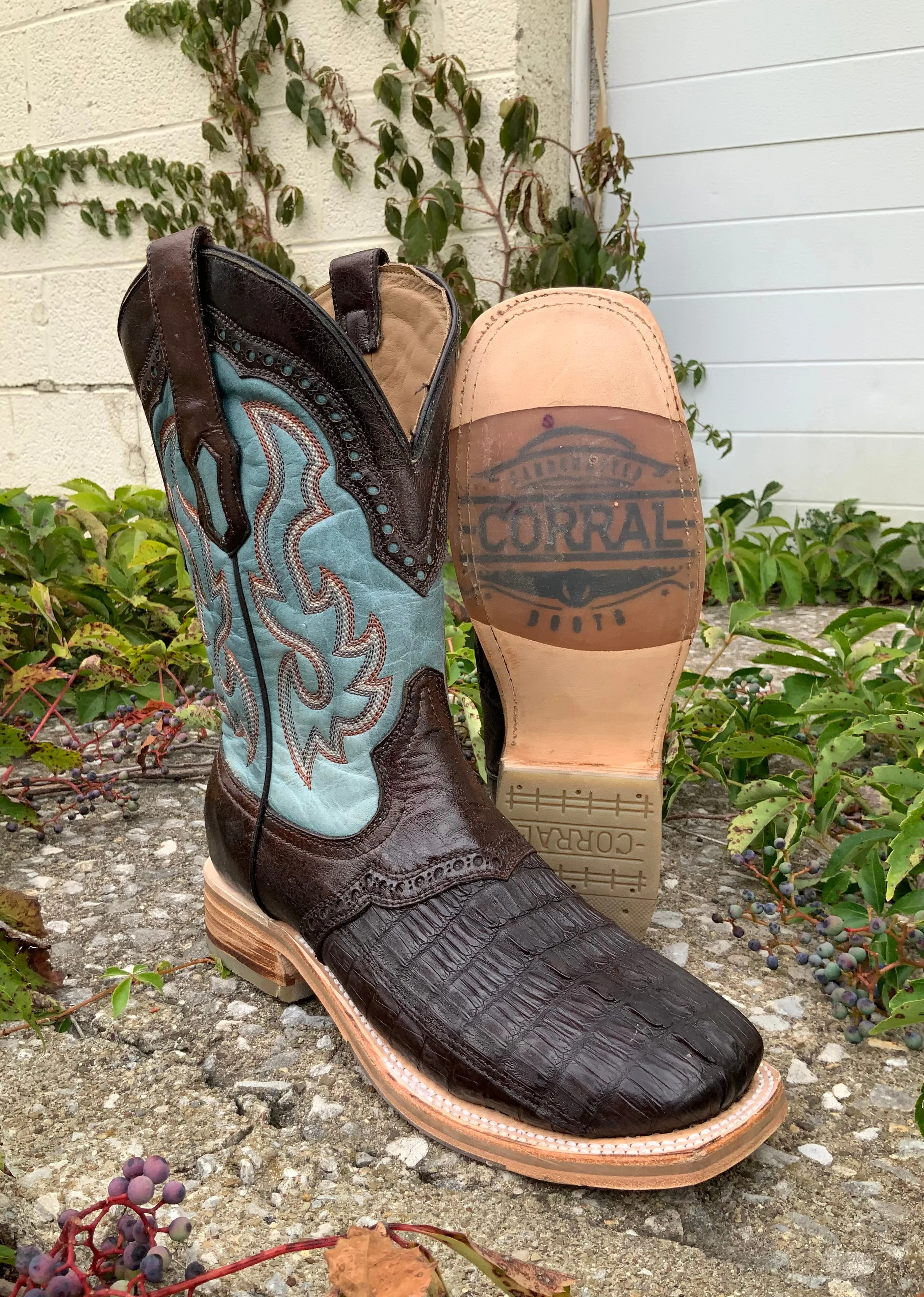 Corral Men's Brown Caiman Overlay Wide Square Toe Cowboy Boots A4286 - Corral Men's Brown Caiman Leather Wide Square Toe Western