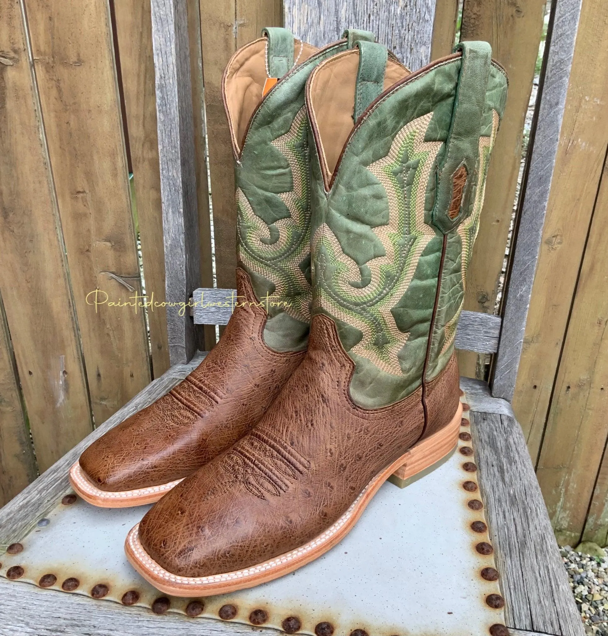 Corral Men's Orix Tan Green Ostrich Wide Square Toe Cowboy Boots A4145