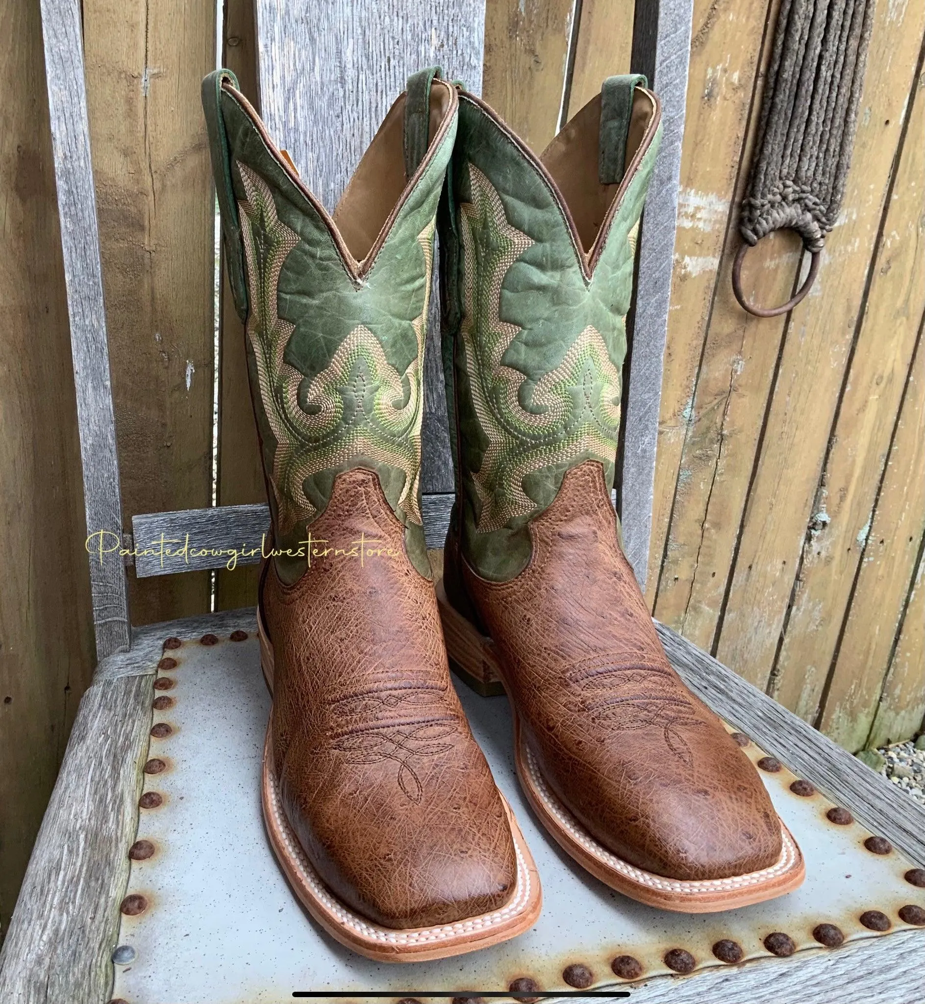 Corral Men's Orix Tan Green Ostrich Wide Square Toe Cowboy Boots A4145