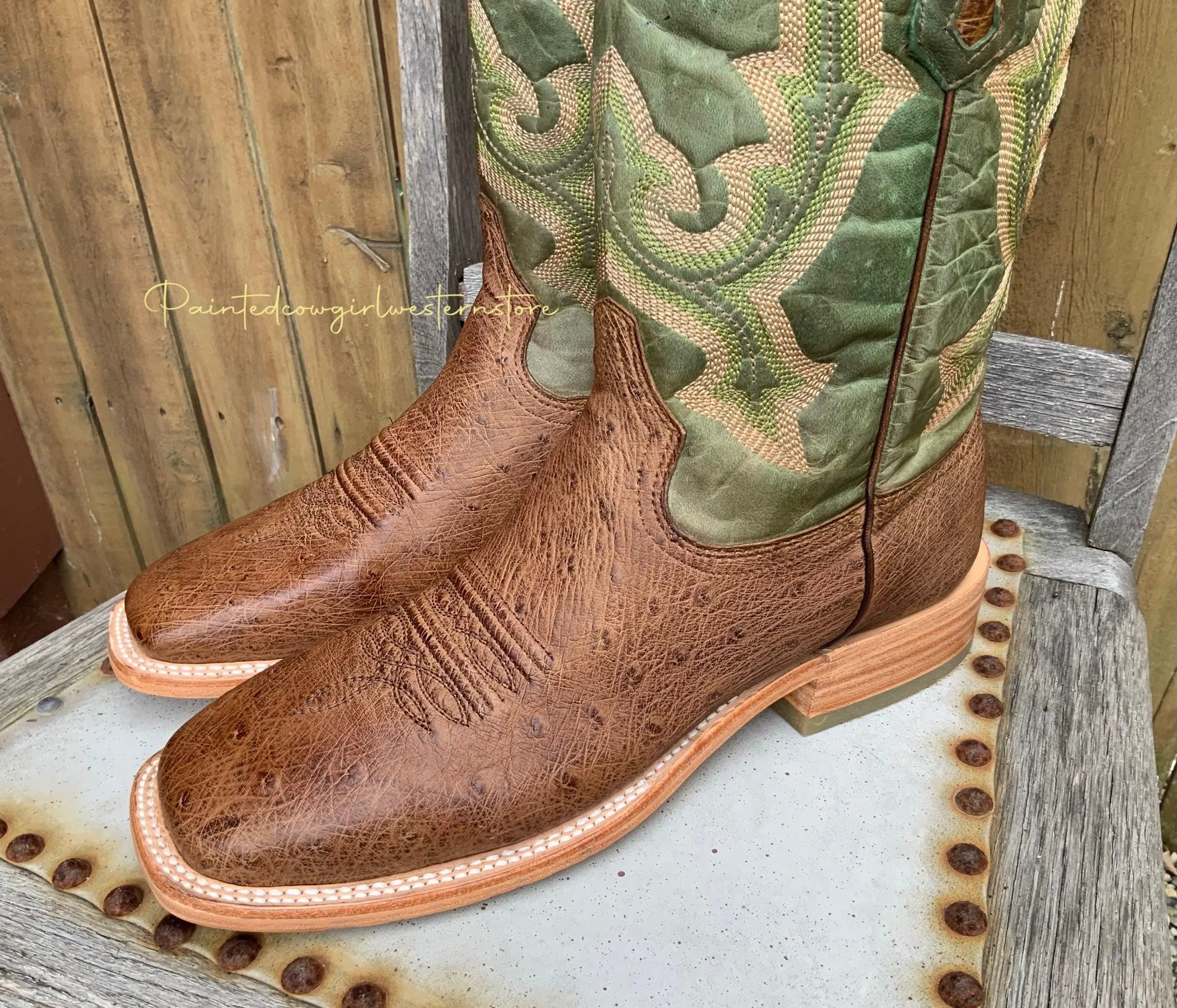 Corral Men's Orix Tan Green Ostrich Wide Square Toe Cowboy Boots A4145