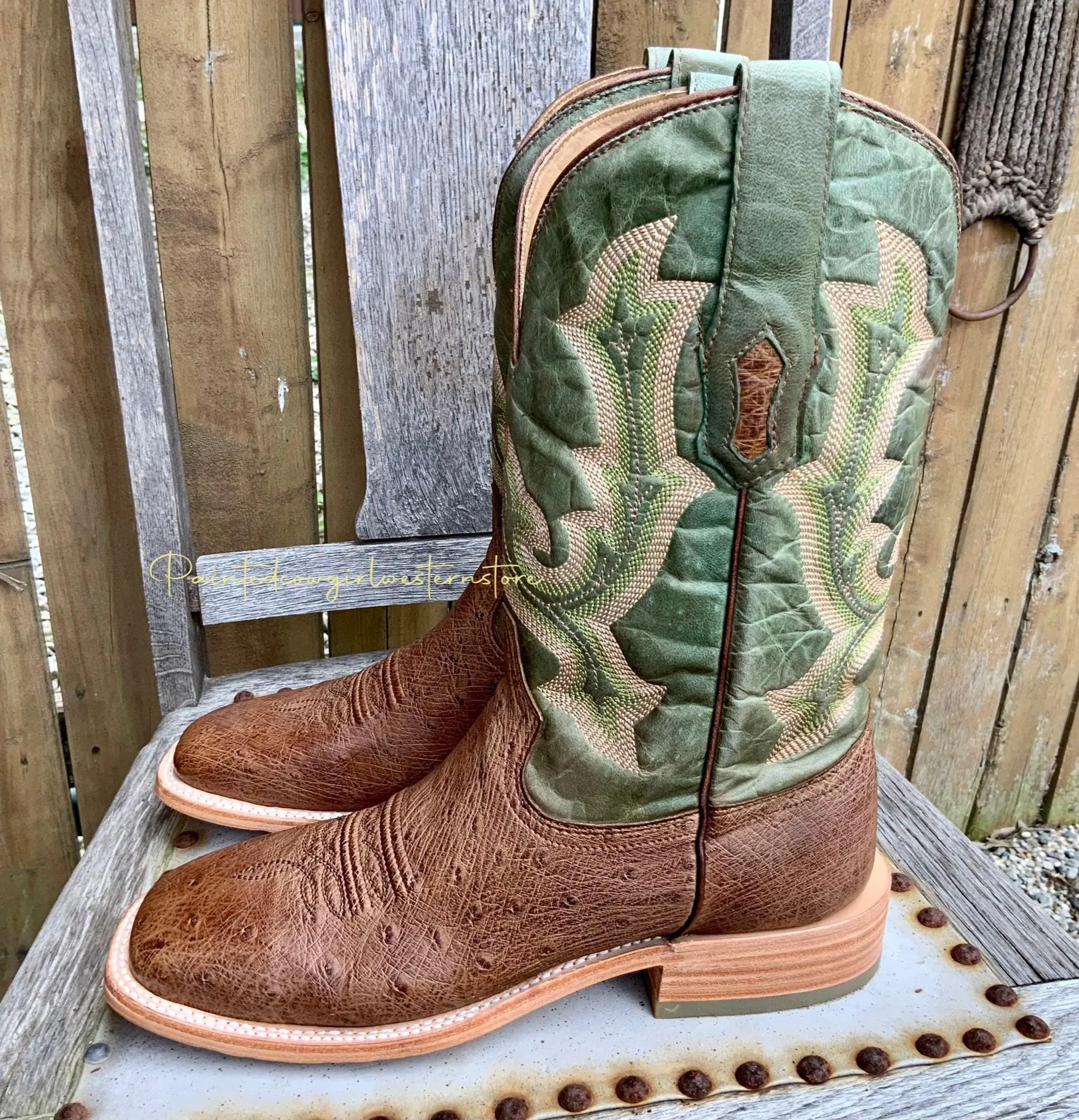 Corral Men's Orix Tan Green Ostrich Wide Square Toe Cowboy Boots A4145