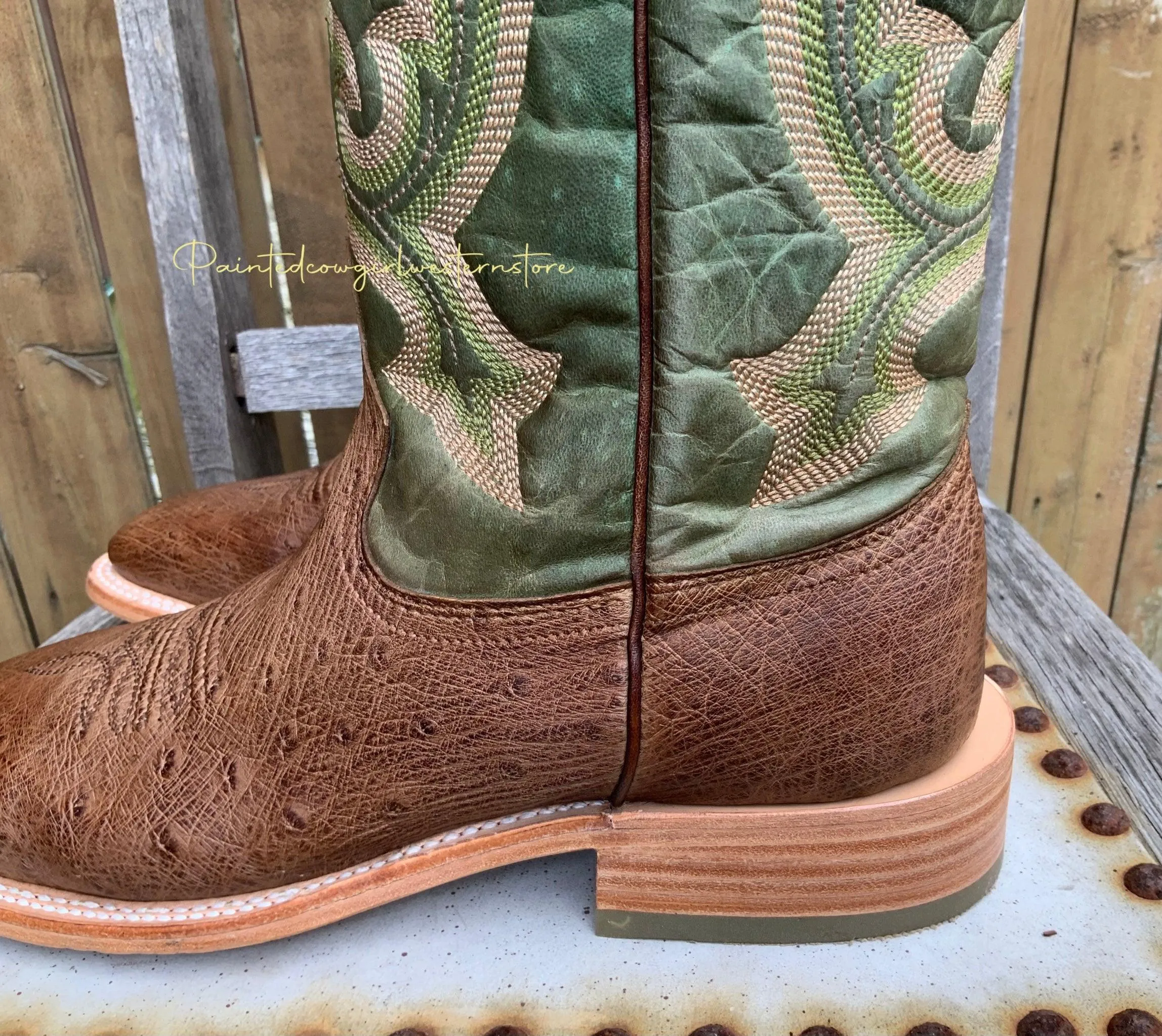 Corral Men's Orix Tan Green Ostrich Wide Square Toe Cowboy Boots A4145