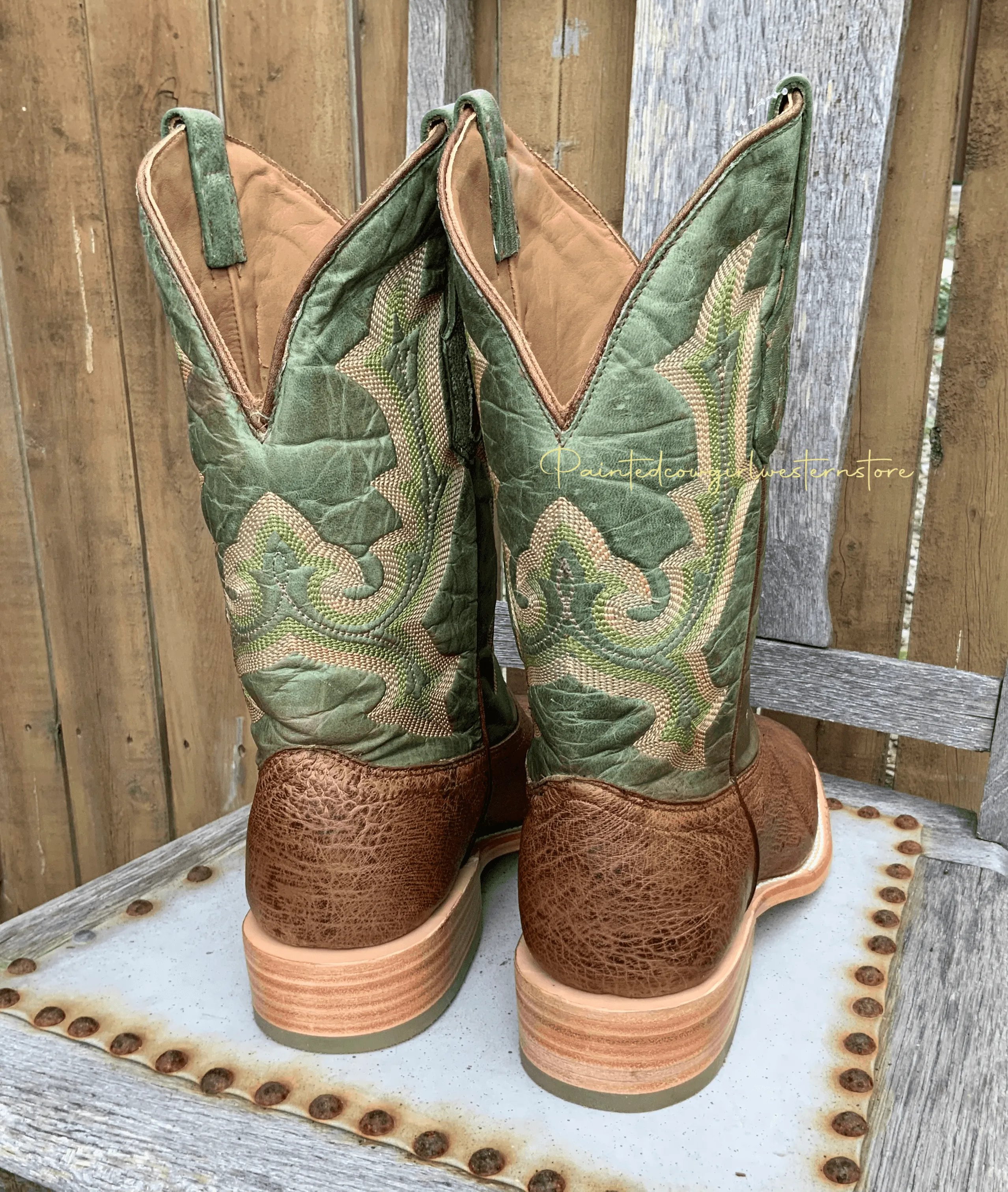 Corral Men's Orix Tan Green Ostrich Wide Square Toe Cowboy Boots A4145