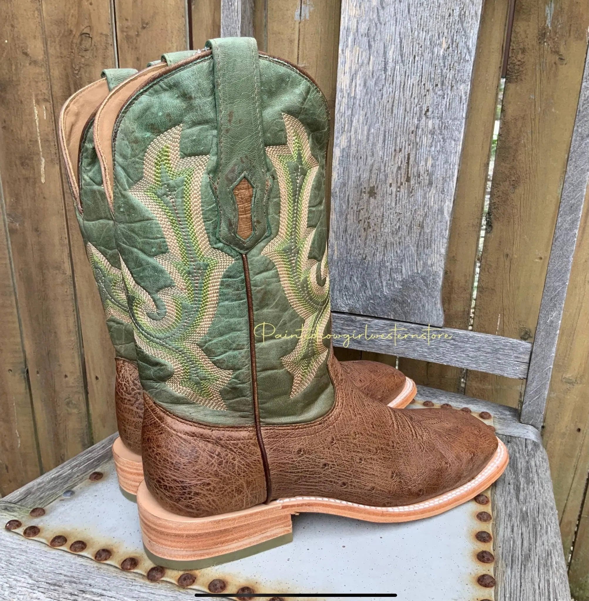 Corral Men's Orix Tan Green Ostrich Wide Square Toe Cowboy Boots A4145