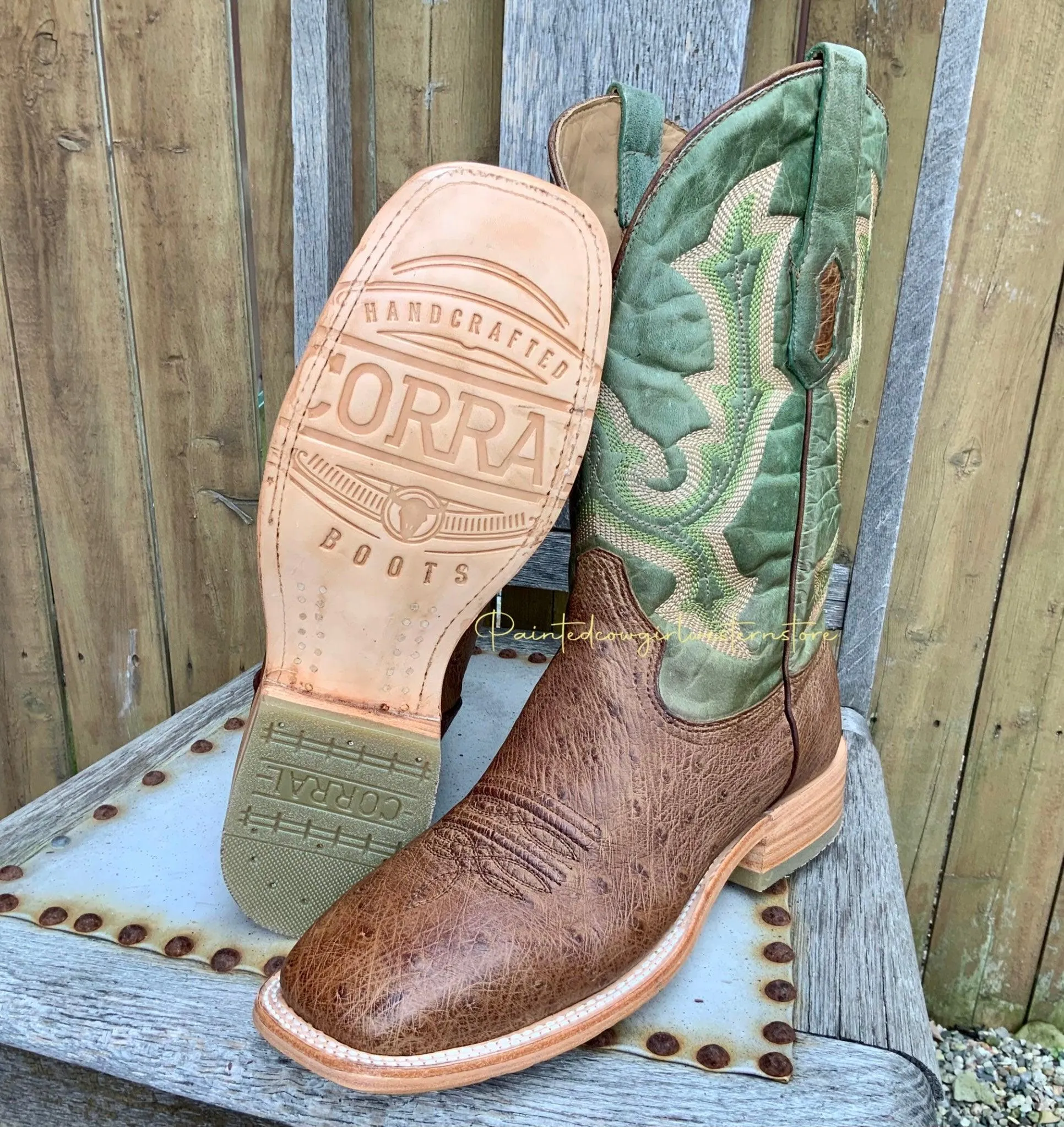 Corral Men's Orix Tan Green Ostrich Wide Square Toe Cowboy Boots A4145