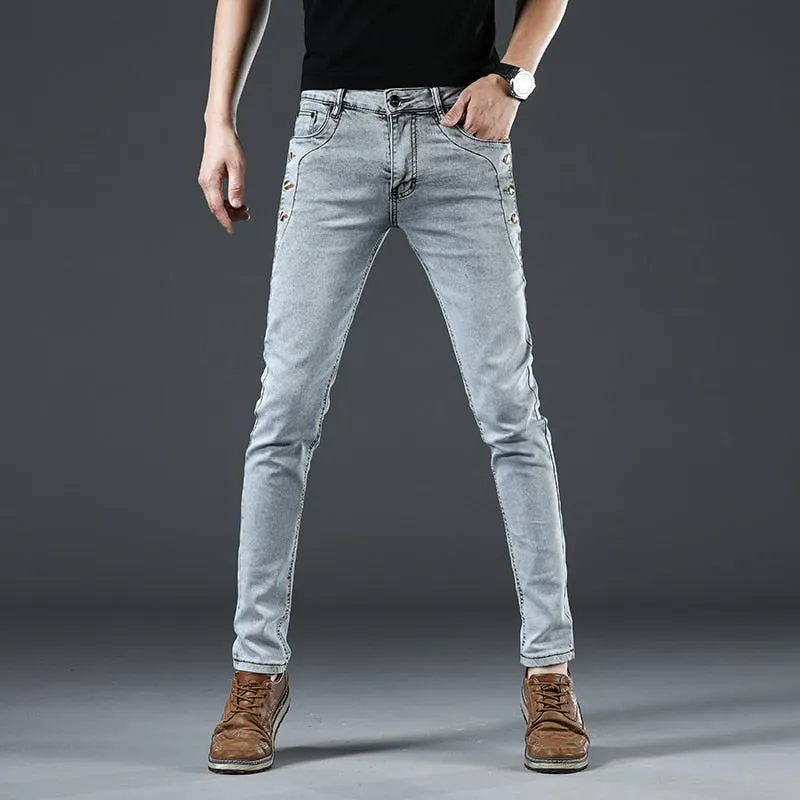 Cotton Men's Solid Mid Waist Slim Fit Jeans with Button Pockets