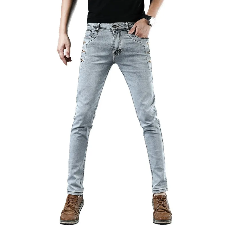 Cotton Men's Solid Mid Waist Slim Fit Jeans with Button Pockets