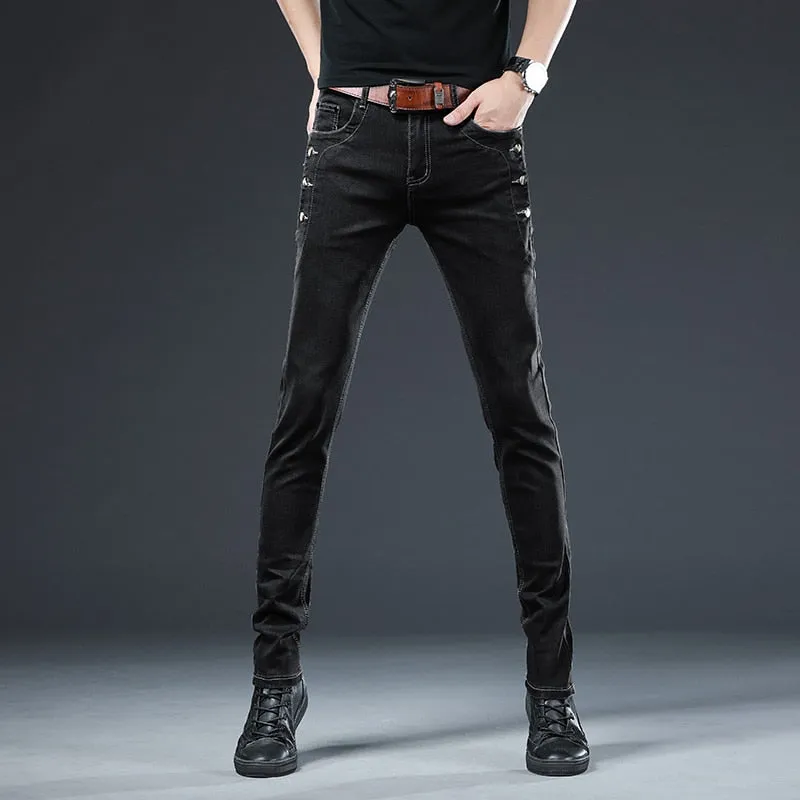 Cotton Men's Solid Mid Waist Slim Fit Jeans with Button Pockets