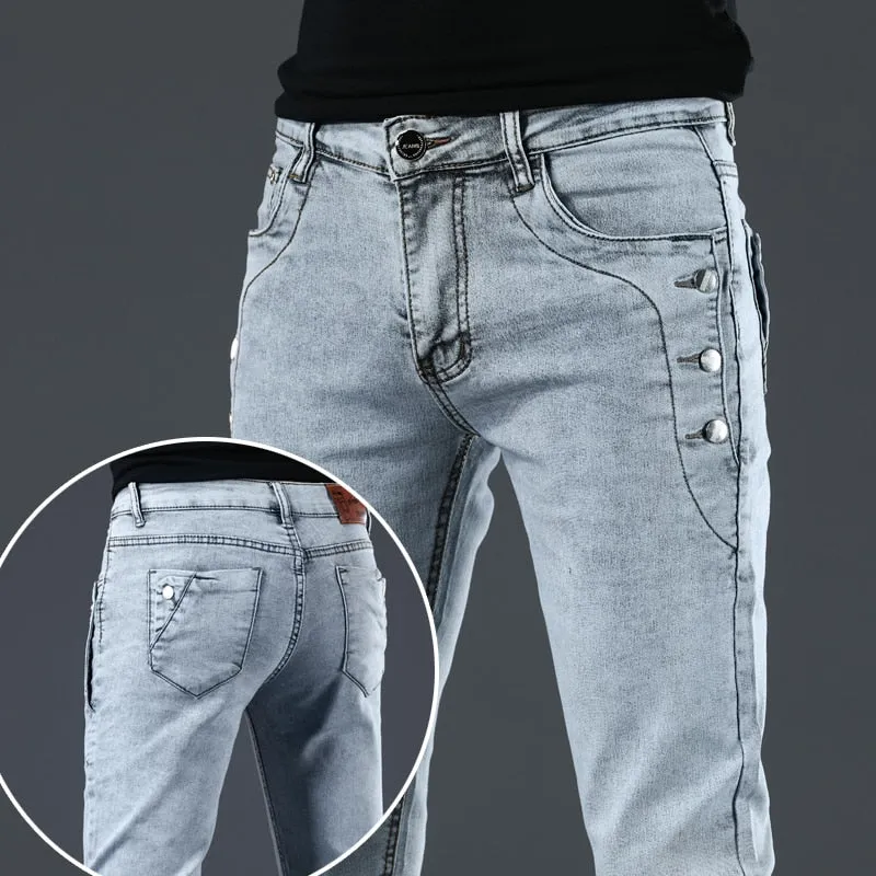 Cotton Men's Solid Mid Waist Slim Fit Jeans with Button Pockets