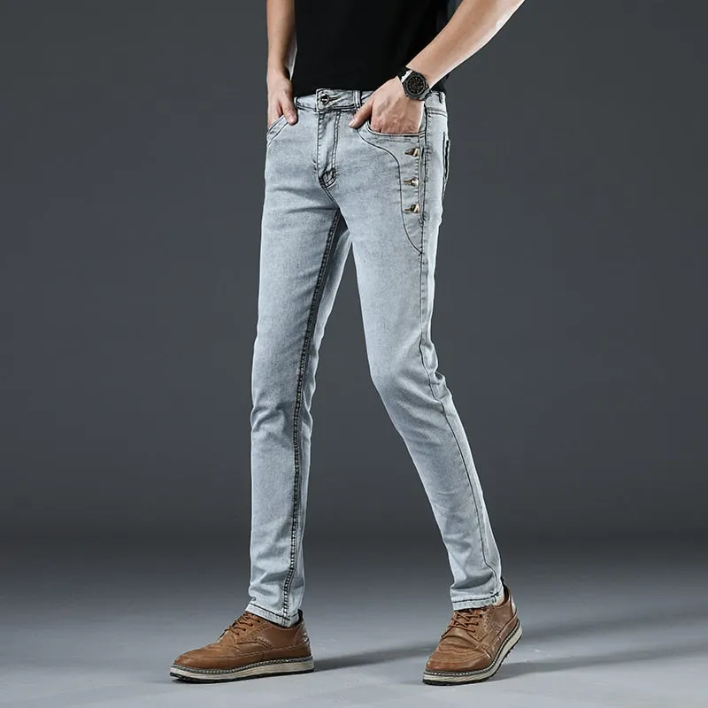 Cotton Men's Solid Mid Waist Slim Fit Jeans with Button Pockets