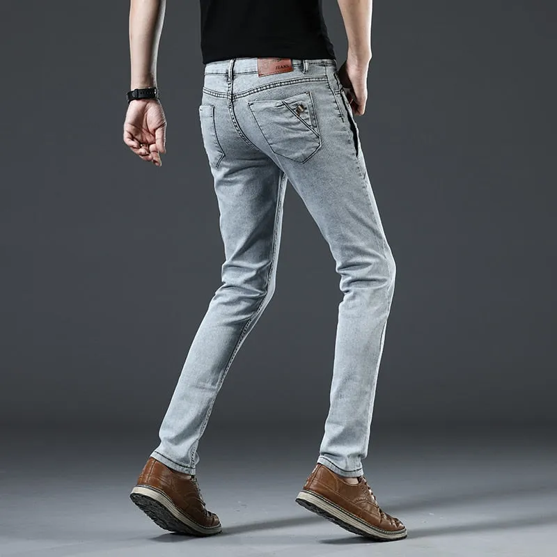 Cotton Men's Solid Mid Waist Slim Fit Jeans with Button Pockets