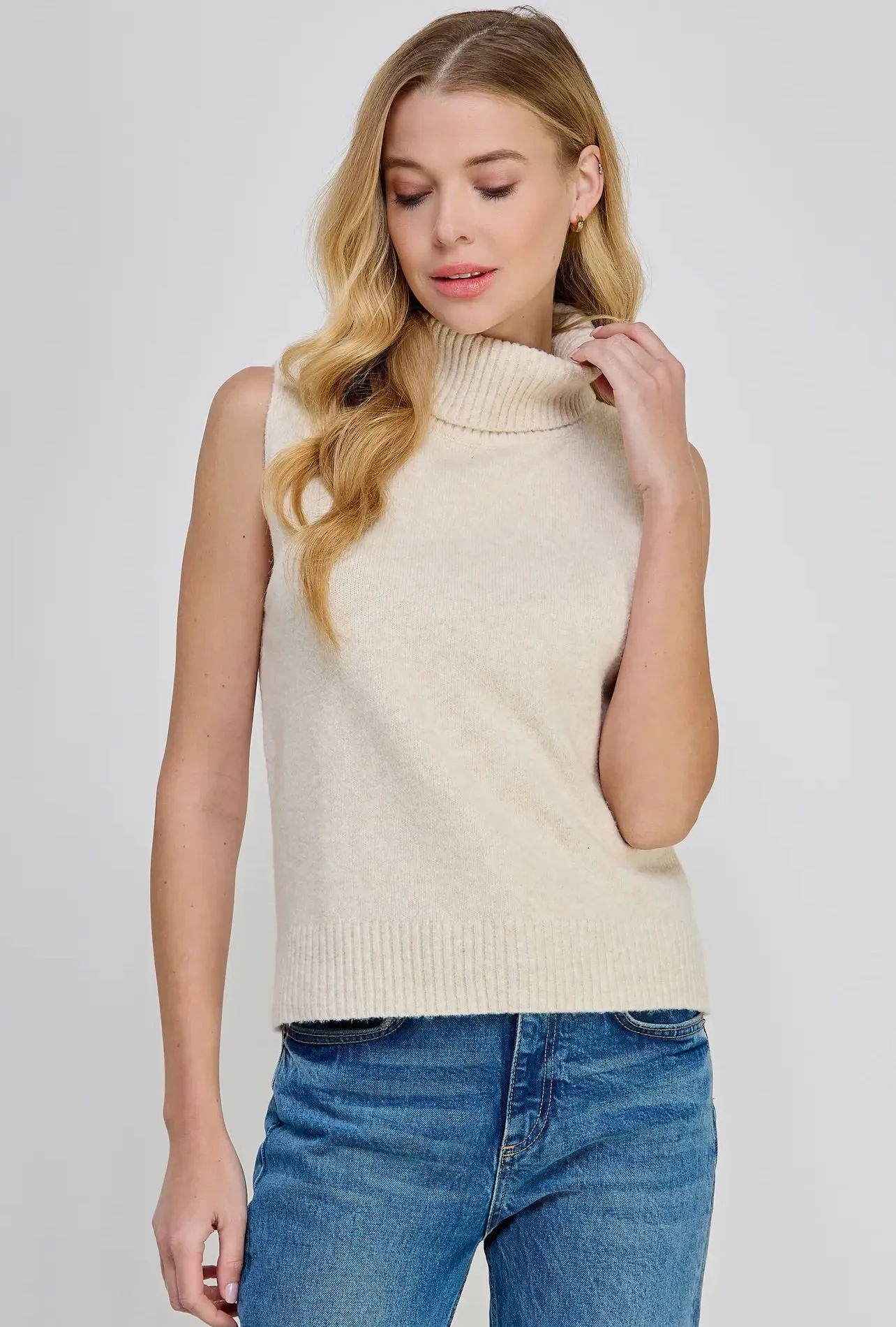 Cream Turtleneck Sleeveless Sweater