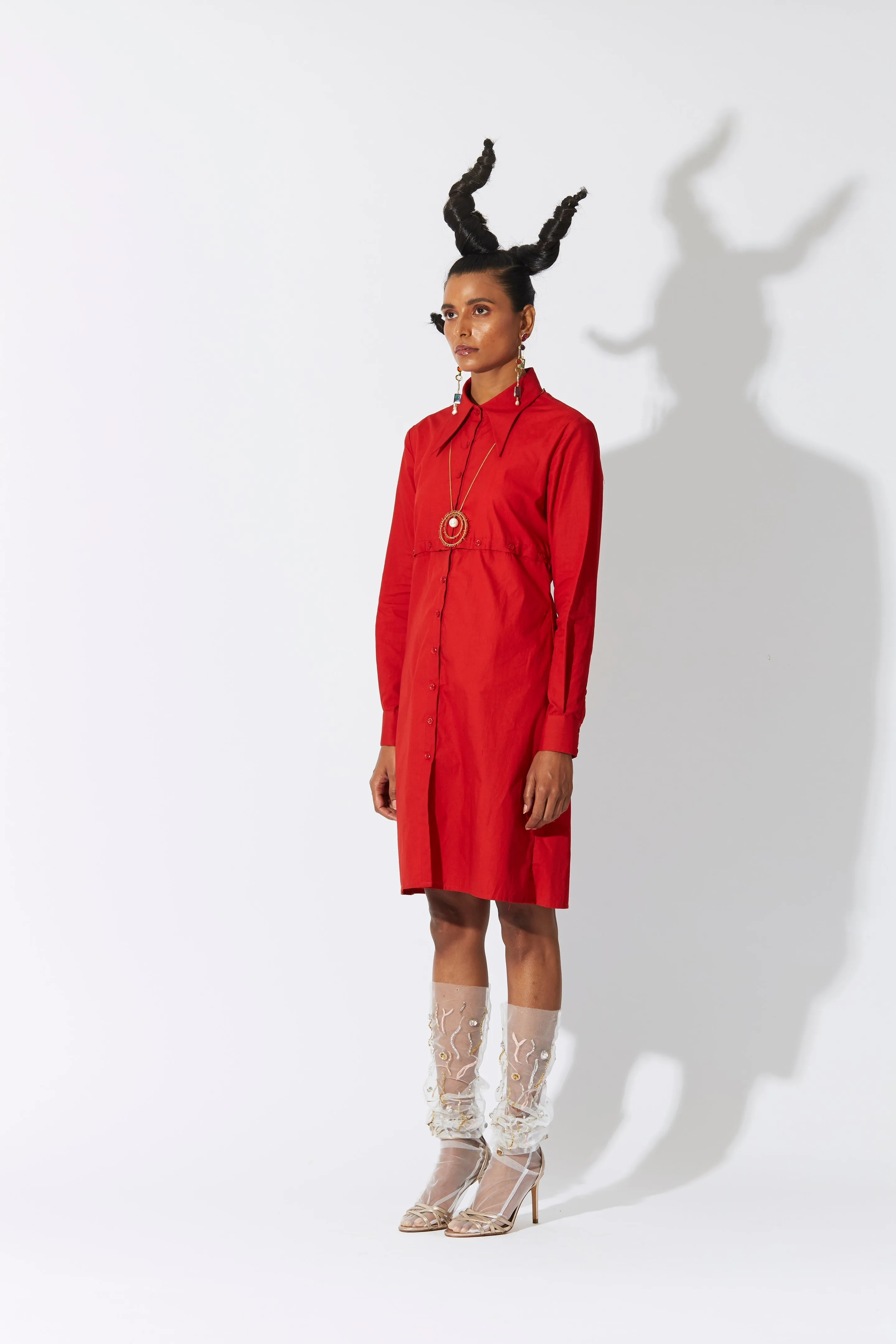 Cross Placket Shirt Dress Red