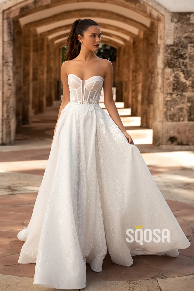 Detachable Long Sleeve A-Line Wedding Dress with Appliques and Train - QW8093