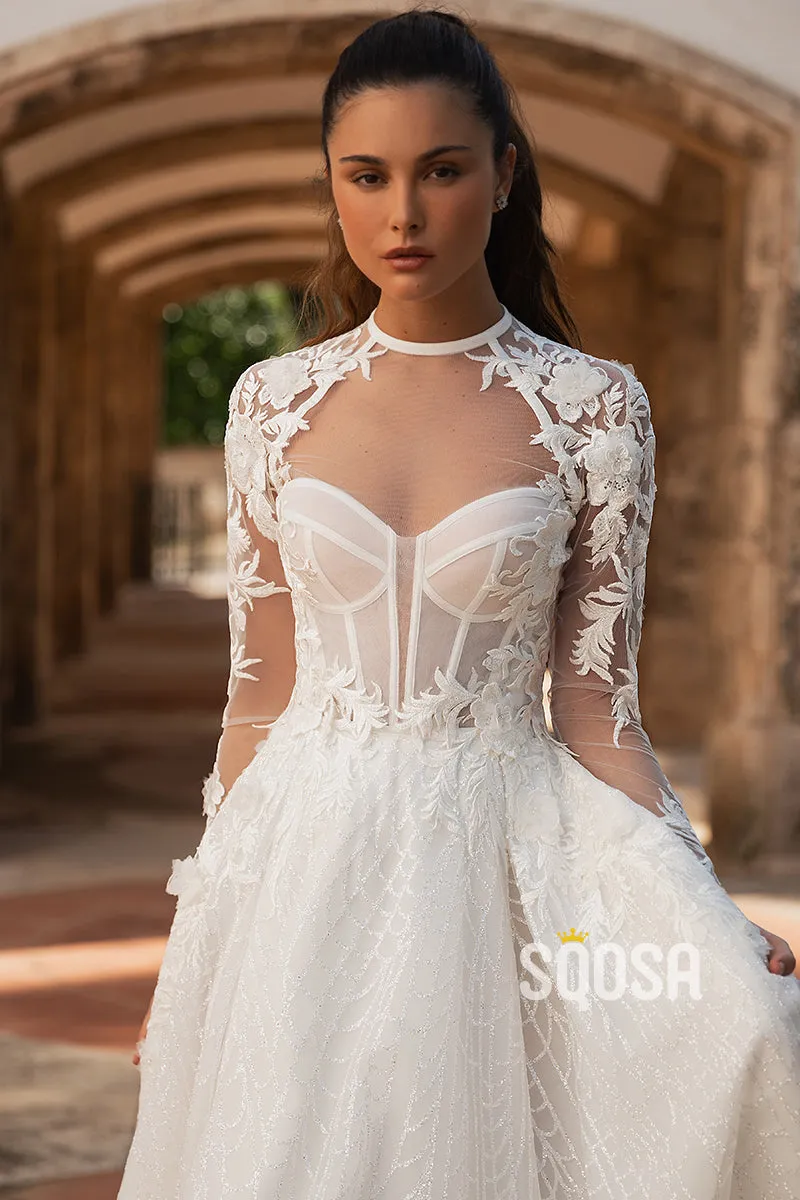 Detachable Long Sleeve A-Line Wedding Dress with Appliques and Train - QW8093