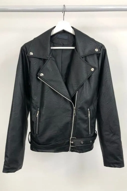 Black Faux Leather Boxy Biker Jacket