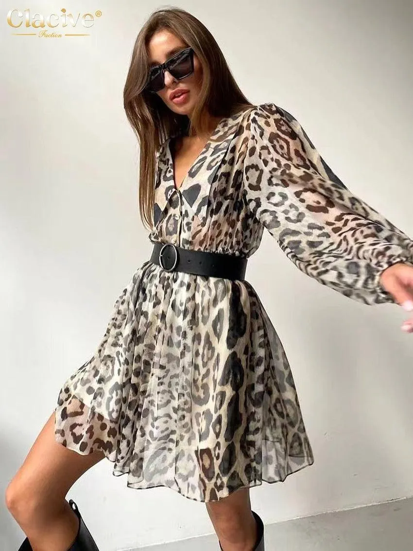 Flare Sleeve Ruffle Dress with Deep V-Neck in Leopard Print