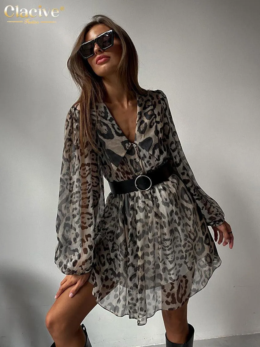 Flare Sleeve Ruffle Dress with Deep V-Neck in Leopard Print