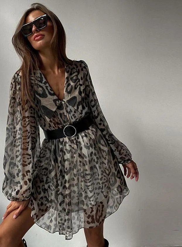 Flare Sleeve Ruffle Dress with Deep V-Neck in Leopard Print