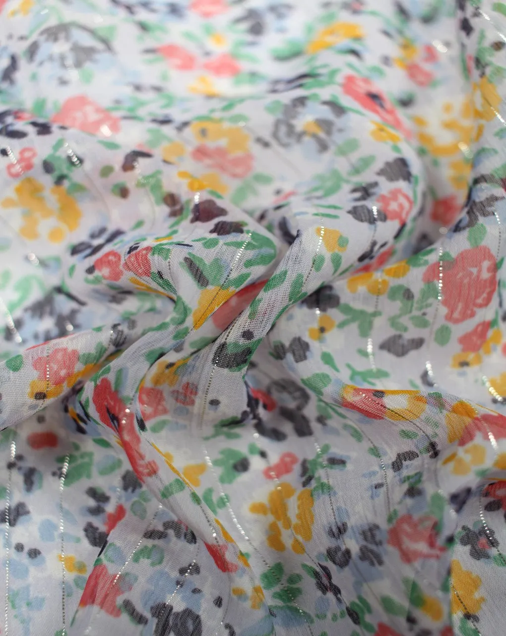 Floral Print Polyester Chiffon Fabric - White and Multicolor