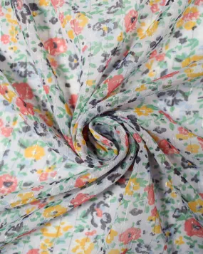 Floral Print Polyester Chiffon Fabric - White and Multicolor