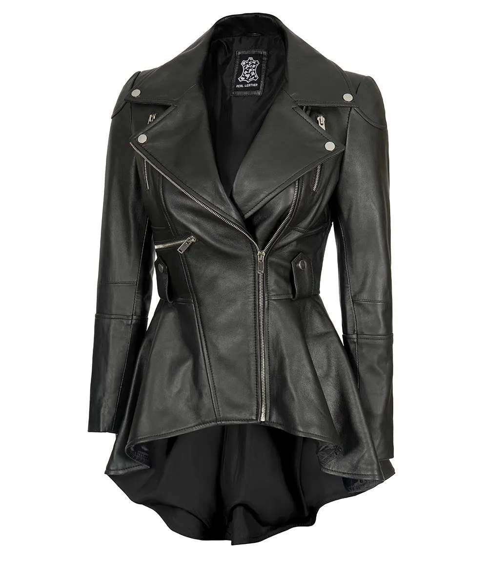 Gonzalez Women Black Asymmetrical Peplum Leather Jacket