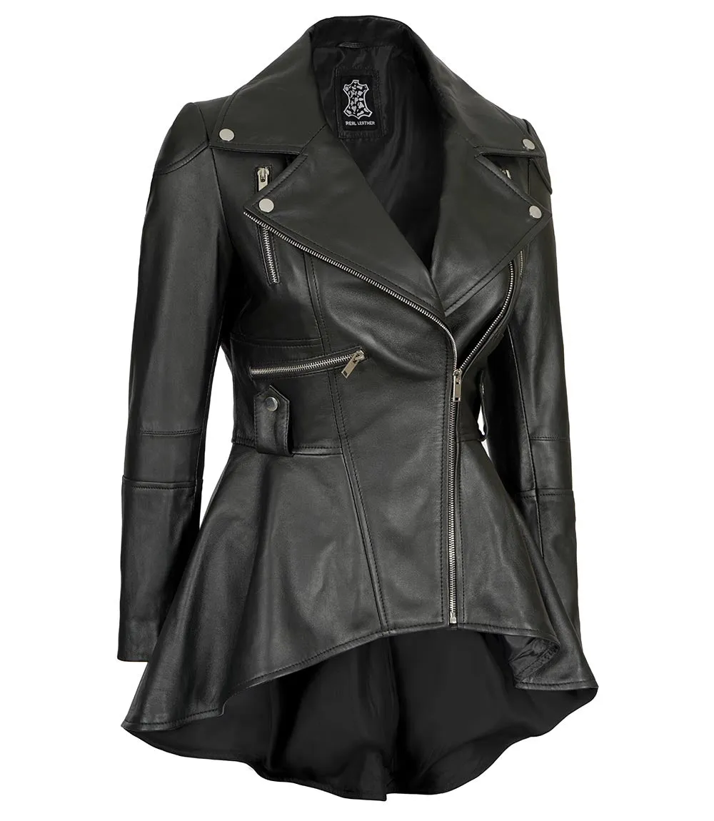 Gonzalez Women Black Asymmetrical Peplum Leather Jacket