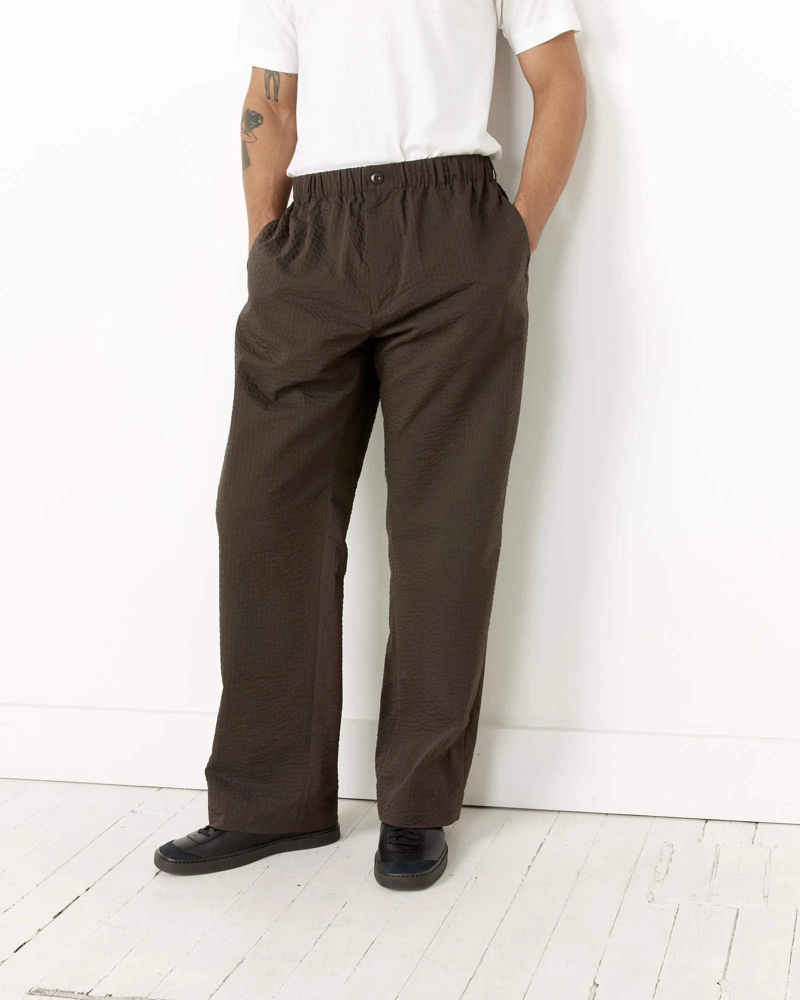 Green and Brown Striped Seersucker Drape Trousers