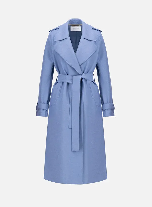 Harris Wharf Trench Coat in Light Pressed Wool with Double Vent - Denim Blue