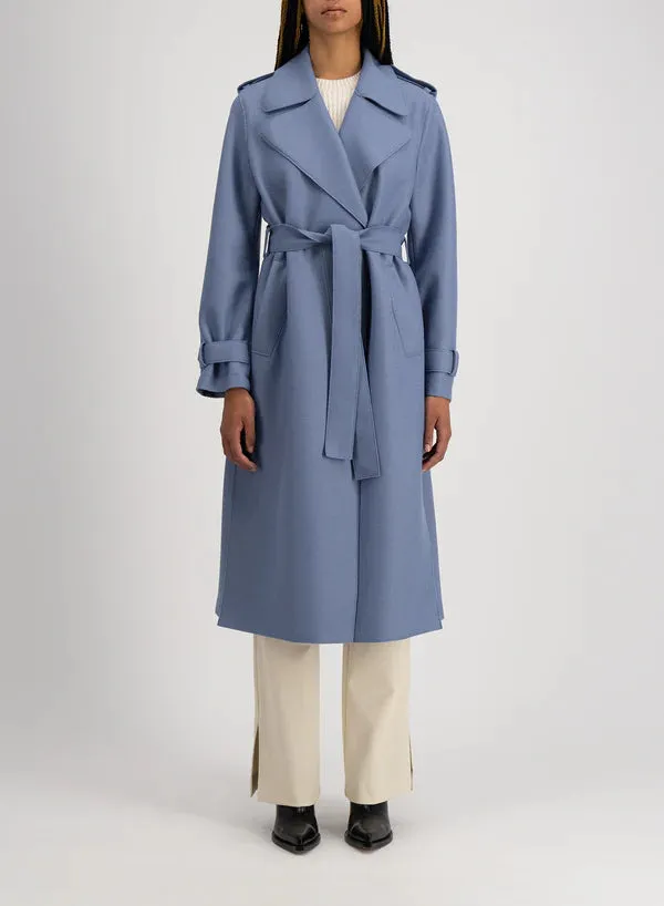 Harris Wharf Trench Coat in Light Pressed Wool with Double Vent - Denim Blue