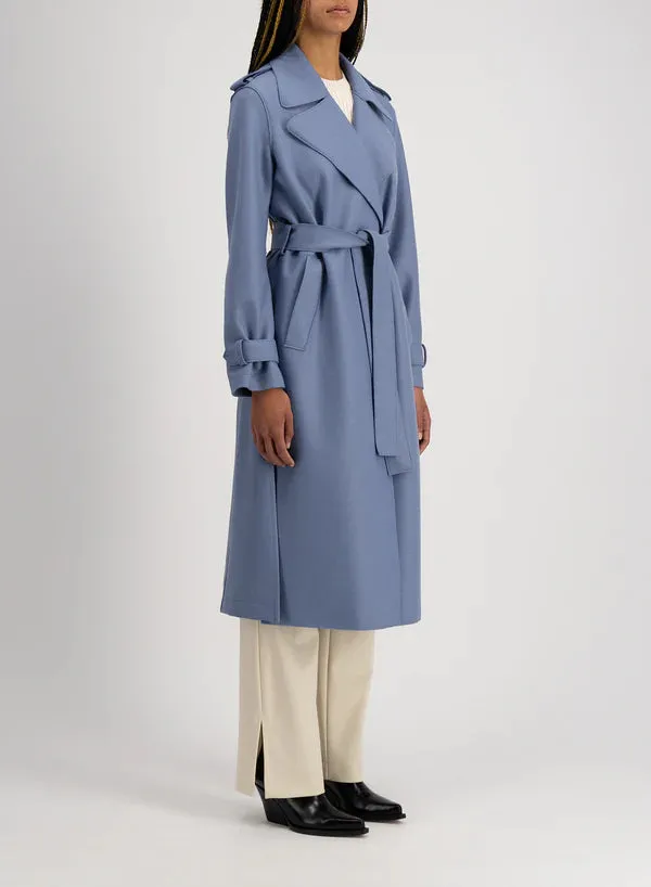 Harris Wharf Trench Coat in Light Pressed Wool with Double Vent - Denim Blue