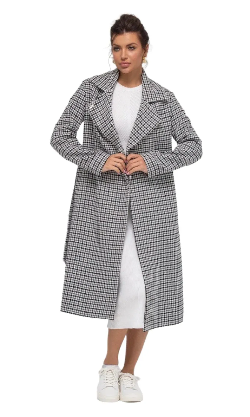 Houndstooth Wool Blend Belted Coat